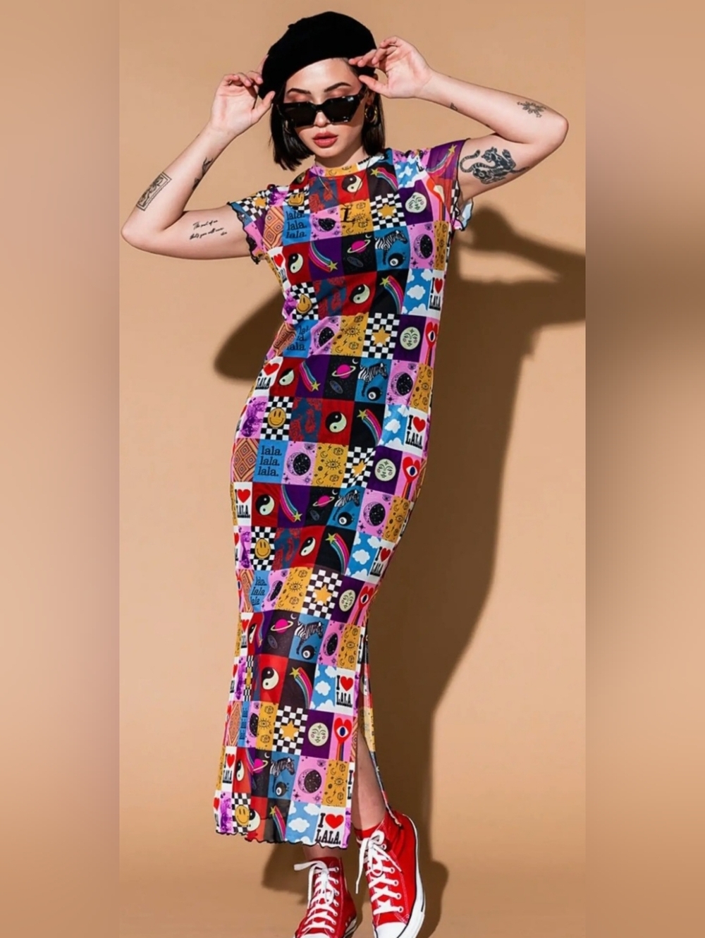 Dressed In Lala Patchwork Print Mesh Dress. NWT! SIZE L